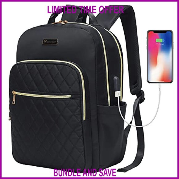 15.6 Inch Laptop Backpack with USB Charging Port, Quilted Work Travel Purse - Picture 2 of 7